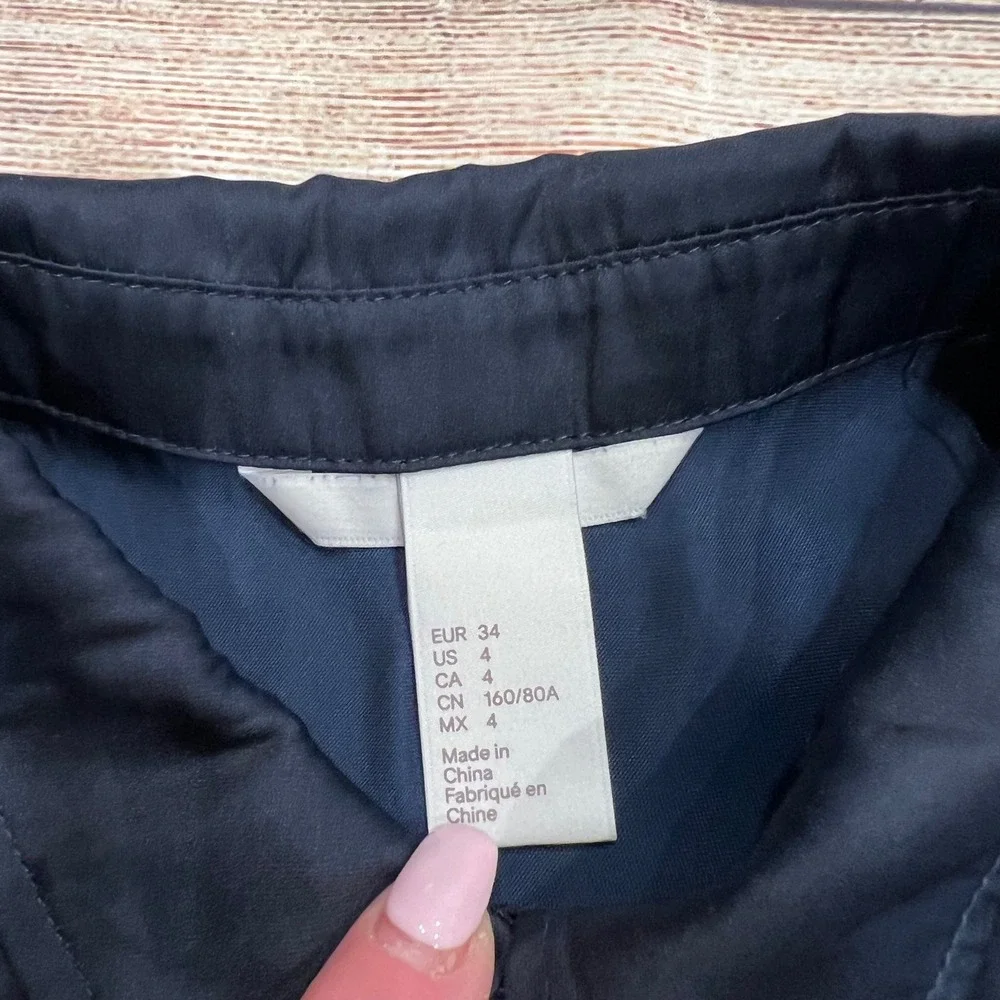 H&M Navy Blue Sleeveless Collared Button Front Drawstring‎ Waist Dress Size 4 - Picture 4 of 12